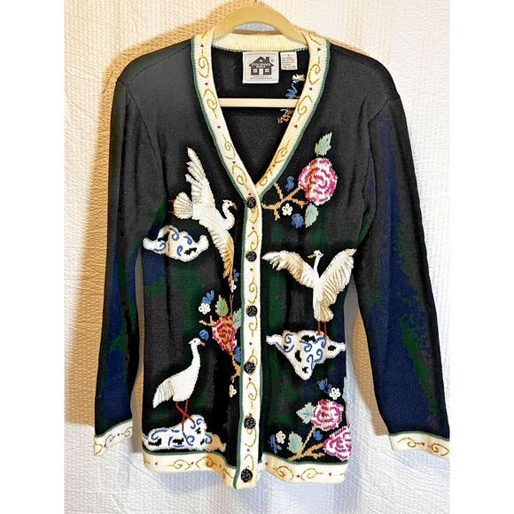 Storybook Knits Women Small Black Oriental‎ Cardigan Sweater VTG 90s Tapestry - Picture 1 of 6